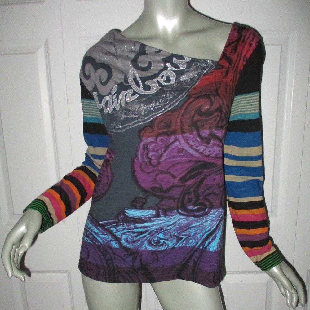 DESIGUAL Brown Multi-Pattern Long Sleeve Graphic Top Large